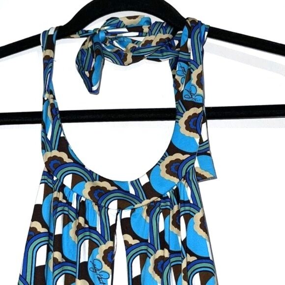 Baby Phat Blue & Brown Retro Print Halter Maxi Dress L/G - Picture 3 of 11